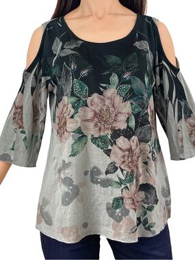 Kate Park Cold Shoulder Floral Rhinestone Top Grey Black 1X